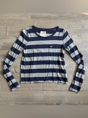 Hollister Navy & Gray Striped Long Sleeve Tee